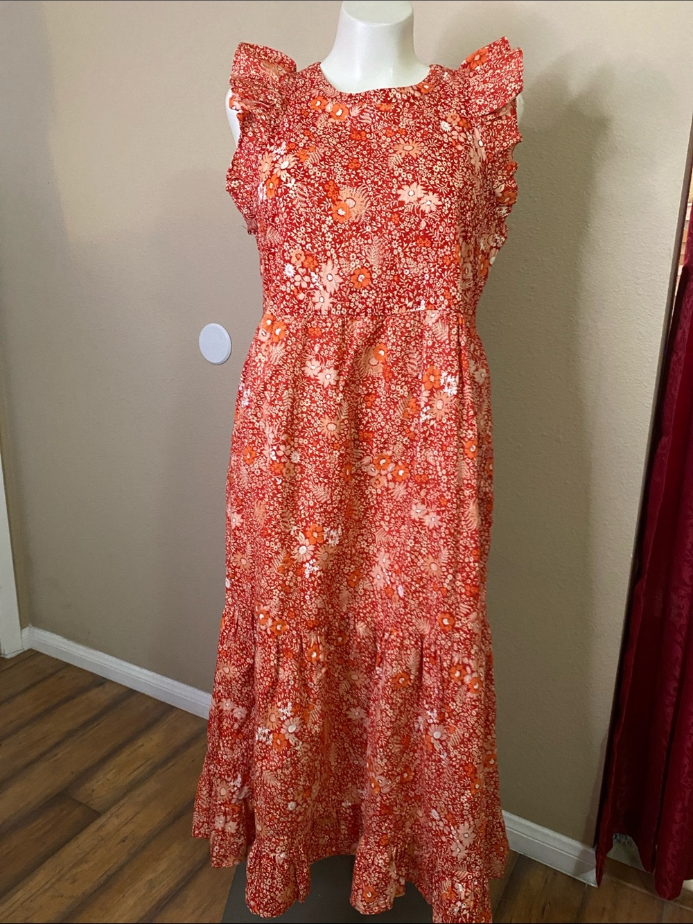 Universal Thread Red Floral cotton prairie Maxi Dress with Ruffle Shoulders
